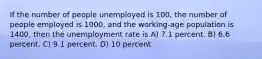 If the number of people unemployed is 100, the number of people employed is 1000, and the working-age population is 1400, then the unemployment rate is A) 7.1 percent. B) 6.6 percent. C) 9.1 percent. D) 10 percent.