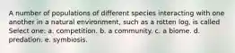 A number of populations of different species interacting with one another in a natural environment, such as a rotten log, is called Select one: a. competition. b. a community. c. a biome. d. predation. e. symbiosis.