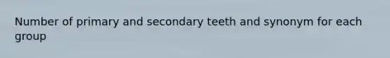 Number of primary and secondary teeth and synonym for each group