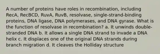 A number of proteins have roles in recombination, including RecA, RecBCD, RuvA, RuvB, resolvase, single-strand-binding proteins, DNA ligase, DNA polymerases, and DNA gyrase. What is the function of resolvase in recombination? a. It unwinds double-stranded DNA b. It allows a single DNA strand to invade a DNA helix c. It displaces one of the original DNA strands during branch migration d. It cleaves the Holliday structure