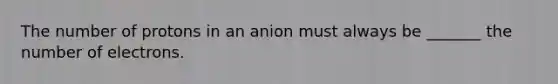 The number of protons in an anion must always be _______ the number of electrons.