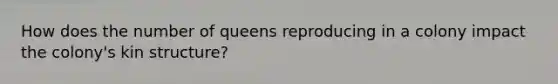 How does the number of queens reproducing in a colony impact the colony's kin structure?