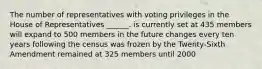 The number of representatives with voting privileges in the House of Representatives ______. is currently set at 435 members will expand to 500 members in the future changes every ten years following the census was frozen by the Twenty-Sixth Amendment remained at 325 members until 2000