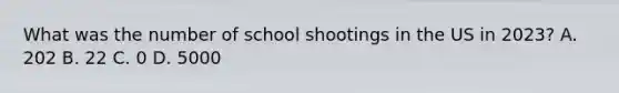 What was the number of school shootings in the US in 2023? A. 202 B. 22 C. 0 D. 5000