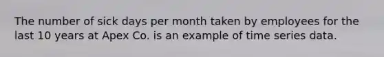 The number of sick days per month taken by employees for the last 10 years at Apex Co. is an example of time series data.