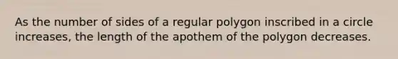 As the number of sides of a regular polygon inscribed in a circle increases, the length of the apothem of the polygon decreases.