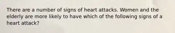 There are a number of signs of heart attacks. Women and the elderly are more likely to have which of the following signs of a heart attack?