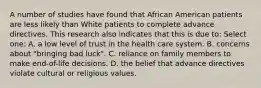 A number of studies have found that African American patients are less likely than White patients to complete advance directives. This research also indicates that this is due to: Select one: A. a low level of trust in the health care system. B. concerns about "bringing bad luck". C. reliance on family members to make end-of-life decisions. D. the belief that advance directives violate cultural or religious values.