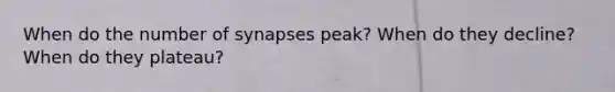 When do the number of synapses peak? When do they decline? When do they plateau?