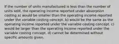 If the number of units manufactured is less than the number of units sold, the operating income reported under absorption costing a) would be smaller than the operating income reported under the variable costing concept. b) would be the same as the operating income reported under the variable costing concept. c) would be larger than the operating income reported under the variable costing concept. d) cannot be determined without specific amounts given.