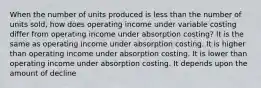 When the number of units produced is less than the number of units sold, how does operating income under variable costing differ from operating income under absorption costing? It is the same as operating income under absorption costing. It is higher than operating income under absorption costing. It is lower than operating income under absorption costing. It depends upon the amount of decline