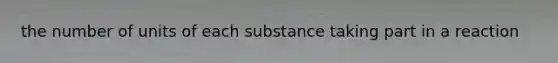 the number of units of each substance taking part in a reaction