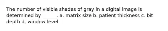 The number of visible shades of gray in a digital image is determined by ______. a. matrix size b. patient thickness c. bit depth d. window level