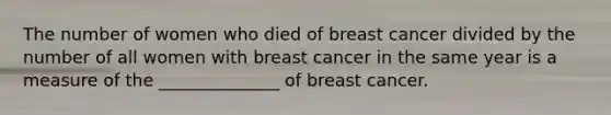 The number of women who died of breast cancer divided by the number of all women with breast cancer in the same year is a measure of the ______________ of breast cancer.