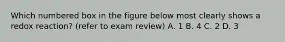 Which numbered box in the figure below most clearly shows a redox reaction? (refer to exam review) A. 1 B. 4 C. 2 D. 3