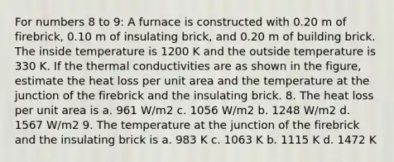 For numbers 8 to 9: A furnace is constructed with 0.20 m of firebrick, 0.10 m of insulating brick, and 0.20 m of building brick. The inside temperature is 1200 K and the outside temperature is 330 K. If the thermal conductivities are as shown in the figure, estimate the heat loss per unit area and the temperature at the junction of the firebrick and the insulating brick. 8. The heat loss per unit area is a. 961 W/m2 c. 1056 W/m2 b. 1248 W/m2 d. 1567 W/m2 9. The temperature at the junction of the firebrick and the insulating brick is a. 983 K c. 1063 K b. 1115 K d. 1472 K