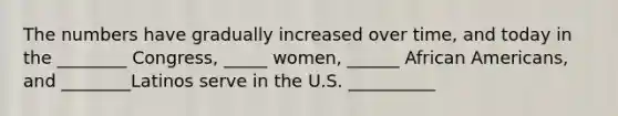 The numbers have gradually increased over time, and today in the ________ Congress, _____ women, ______ African Americans, and ________Latinos serve in the U.S. __________