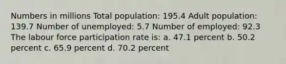 Numbers in millions Total population: 195.4 Adult population: 139.7 Number of unemployed: 5.7 Number of employed: 92.3 The labour force participation rate is: a. 47.1 percent b. 50.2 percent c. 65.9 percent d. 70.2 percent