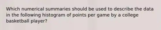 Which numerical summaries should be used to describe the data in the following histogram of points per game by a college basketball player?