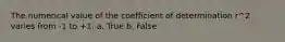 The numerical value of the coefficient of determination r^2 varies from -1 to +1. a. True b. False