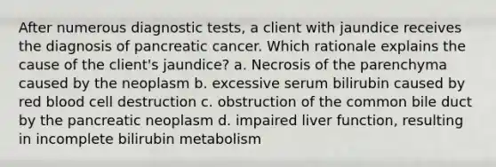 After numerous diagnostic tests, a client with jaundice receives the diagnosis of pancreatic cancer. Which rationale explains the cause of the client's jaundice? a. Necrosis of the parenchyma caused by the neoplasm b. excessive serum bilirubin caused by red blood cell destruction c. obstruction of the common bile duct by the pancreatic neoplasm d. impaired liver function, resulting in incomplete bilirubin metabolism