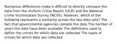 Numerous differences make it difficult to directly compare the data from the Uniform Crime Report (UCR) and the National Crime Victimization Survey (NCVS). However, which of the following represents a similarity across the two data sets? The fact that governmental agencies compile the data The number of years the data have been available The definitions used to define the crimes for which data are collected The types of crimes for which data are collected