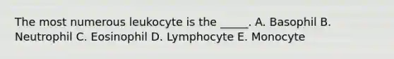 The most numerous leukocyte is the _____. A. Basophil B. Neutrophil C. Eosinophil D. Lymphocyte E. Monocyte