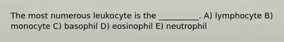 The most numerous leukocyte is the __________. A) lymphocyte B) monocyte C) basophil D) eosinophil E) neutrophil