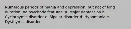 Numerous periods of mania and depression, but not of long duration; no psychotic features: a. Major depression b. Cyclothymic disorder c. Bipolar disorder d. Hypomania e. Dysthymic disorder