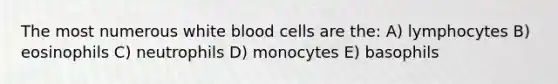 The most numerous white blood cells are the: A) lymphocytes B) eosinophils C) neutrophils D) monocytes E) basophils