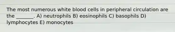 The most numerous white blood cells in peripheral circulation are the _______. A) neutrophils B) eosinophils C) basophils D) lymphocytes E) monocytes