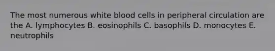 The most numerous white blood cells in peripheral circulation are the A. lymphocytes B. eosinophils C. basophils D. monocytes E. neutrophils