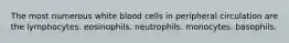 The most numerous white blood cells in peripheral circulation are the lymphocytes. eosinophils. neutrophils. monocytes. basophils.