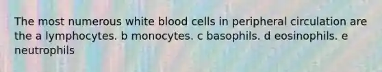 The most numerous white blood cells in peripheral circulation are the a lymphocytes. b monocytes. c basophils. d eosinophils. e neutrophils