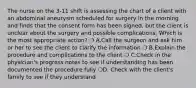 The nurse on the 3-11 shift is assessing the chart of a client with an abdominal aneurysm scheduled for surgery in the morning and finds that the consent form has been signed, but the client is unclear about the surgery and possible complications. Which is the most appropriate action? ❍ A.Call the surgeon and ask him or her to see the client to clarify the information ❍ B.Explain the procedure and complications to the client ❍ C.Check in the physician's progress notes to see if understanding has been documented the procedure fully ❍D. Check with the client's family to see if they understand