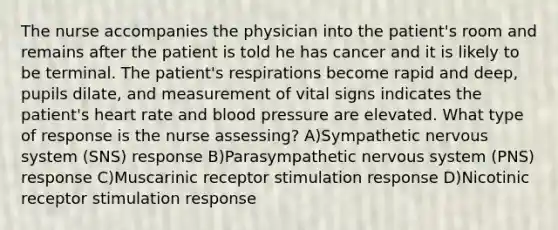 The nurse accompanies the physician into the patient's room and remains after the patient is told he has cancer and it is likely to be terminal. The patient's respirations become rapid and deep, pupils dilate, and measurement of vital signs indicates the patient's heart rate and blood pressure are elevated. What type of response is the nurse assessing? A)Sympathetic nervous system (SNS) response B)Parasympathetic nervous system (PNS) response C)Muscarinic receptor stimulation response D)Nicotinic receptor stimulation response