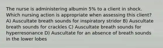 The nurse is administering albumin 5% to a client in shock. Which nursing action is appropriate when assessing this client? A) Auscultate breath sounds for inspiratory stridor B) Auscultate breath sounds for crackles C) Auscultate breath sounds for hyperresonance D) Auscultate for an absence of breath sounds in the lower lobes