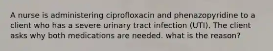 A nurse is administering ciprofloxacin and phenazopyridine to a client who has a severe urinary tract infection (UTI). The client asks why both medications are needed. what is the reason?