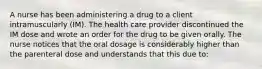 A nurse has been administering a drug to a client intramuscularly (IM). The health care provider discontinued the IM dose and wrote an order for the drug to be given orally. The nurse notices that the oral dosage is considerably higher than the parenteral dose and understands that this due to: