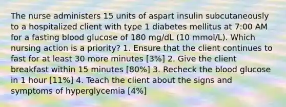 The nurse administers 15 units of aspart insulin subcutaneously to a hospitalized client with type 1 diabetes mellitus at 7:00 AM for a fasting blood glucose of 180 mg/dL (10 mmol/L). Which nursing action is a priority? 1. Ensure that the client continues to fast for at least 30 more minutes [3%] 2. Give the client breakfast within 15 minutes [80%] 3. Recheck the blood glucose in 1 hour [11%] 4. Teach the client about the signs and symptoms of hyperglycemia [4%]