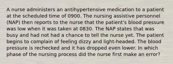 A nurse administers an antihypertensive medication to a patient at the scheduled time of 0900. The nursing assistive personnel (NAP) then reports to the nurse that the patient's blood pressure was low when it was taken at 0830. The NAP states that was busy and had not had a chance to tell the nurse yet. The patient begins to complain of feeling dizzy and light-headed. The blood pressure is rechecked and it has dropped even lower. In which phase of the nursing process did the nurse first make an error?