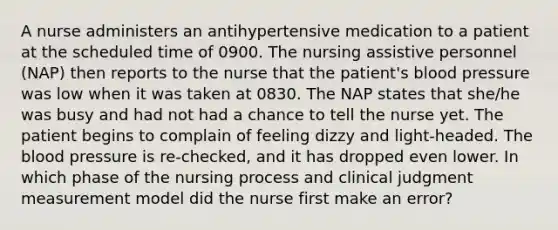 A nurse administers an antihypertensive medication to a patient at the scheduled time of 0900. The nursing assistive personnel (NAP) then reports to the nurse that the patient's blood pressure was low when it was taken at 0830. The NAP states that she/he was busy and had not had a chance to tell the nurse yet. The patient begins to complain of feeling dizzy and light-headed. The blood pressure is re-checked, and it has dropped even lower. In which phase of the nursing process and clinical judgment measurement model did the nurse first make an error?