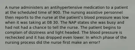 A nurse administers an antihypertensive medication to a patient at the scheduled time of 900. The nursing assistive personnel then reports to the nurse at the patient's blood pressure was low when it was taking at 08 30. The NAP states she was busy and had not had a chance to tell the nurse. The patient begins to complain of dizziness and light headed. The blood pressure is rechecked and it has dropped even lower. In which phase of the nursing process did the nurse first make an error?