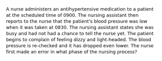 A nurse administers an antihypertensive medication to a patient at the scheduled time of 0900. The nursing assistant then reports to the nurse that the patient's blood pressure was low when it was taken at 0830. The nursing assistant states she was busy and had not had a chance to tell the nurse yet. The patient begins to complain of feeling dizzy and light-headed. The blood pressure is re-checked and it has dropped even lower. The nurse first made an error in what phase of the nursing process?