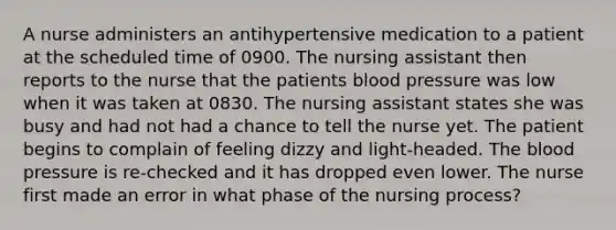 A nurse administers an antihypertensive medication to a patient at the scheduled time of 0900. The nursing assistant then reports to the nurse that the patients blood pressure was low when it was taken at 0830. The nursing assistant states she was busy and had not had a chance to tell the nurse yet. The patient begins to complain of feeling dizzy and light-headed. The blood pressure is re-checked and it has dropped even lower. The nurse first made an error in what phase of the nursing process?