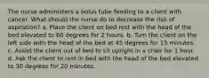 The nurse administers a bolus tube feeding to a client with cancer. What should the nurse do to decrease the risk of aspiration? a. Place the client on bed rest with the head of the bed elevated to 60 degrees for 2 hours. b. Turn the client on the left side with the head of the bed at 45 degrees for 15 minutes. c. Assist the client out of bed to sit upright in a chair for 1 hour. d. Ask the client to rest in bed with the head of the bed elevated to 30 degrees for 20 minutes.