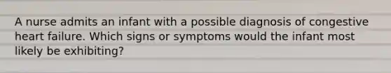 A nurse admits an infant with a possible diagnosis of congestive heart failure. Which signs or symptoms would the infant most likely be exhibiting?