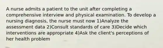 A nurse admits a patient to the unit after completing a comprehensive interview and physical examination. To develop a nursing diagnosis, the nurse must now 1)Analyze the assessment data 2)Consult standards of care 3)Decide which interventions are appropriate 4)Ask the client's perceptions of her health problem