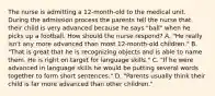 The nurse is admitting a 12-month-old to the medical unit. During the admission process the parents tell the nurse that their child is very advanced because he says "ball" when he picks up a football. How should the nurse respond? A. "He really isn't any more advanced than most 12-month-old children." B. "That is great that he is recognizing objects and is able to name them. He is right on target for language skills." C. "If he were advanced in language skills he would be putting several words together to form short sentences." D. "Parents usually think their child is far more advanced than other children."