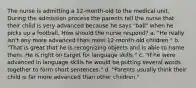 The nurse is admitting a 12-month-old to the medical unit. During the admission process the parents tell the nurse that their child is very advanced because he says "ball" when he picks up a football. How should the nurse respond? a. "He really isn't any more advanced than most 12-month-old children." b. "That is great that he is recognizing objects and is able to name them. He is right on target for language skills." c. "If he were advanced in language skills he would be putting several words together to form short sentences." d. "Parents usually think their child is far more advanced than other children."